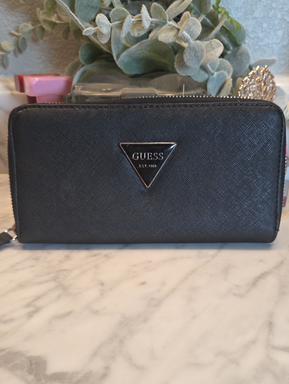 Pre-loved Guess Black Saffiano Zip Wallet with Silver Triangle Logo